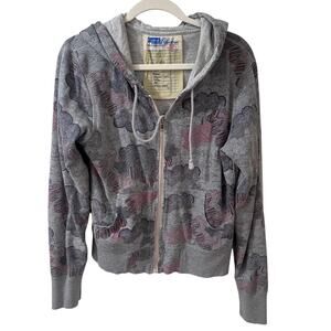 Guest Check Grey Full Zip Hoodie Whimsical Hand-Drawn Clouds Y2K Indie Sleaze L